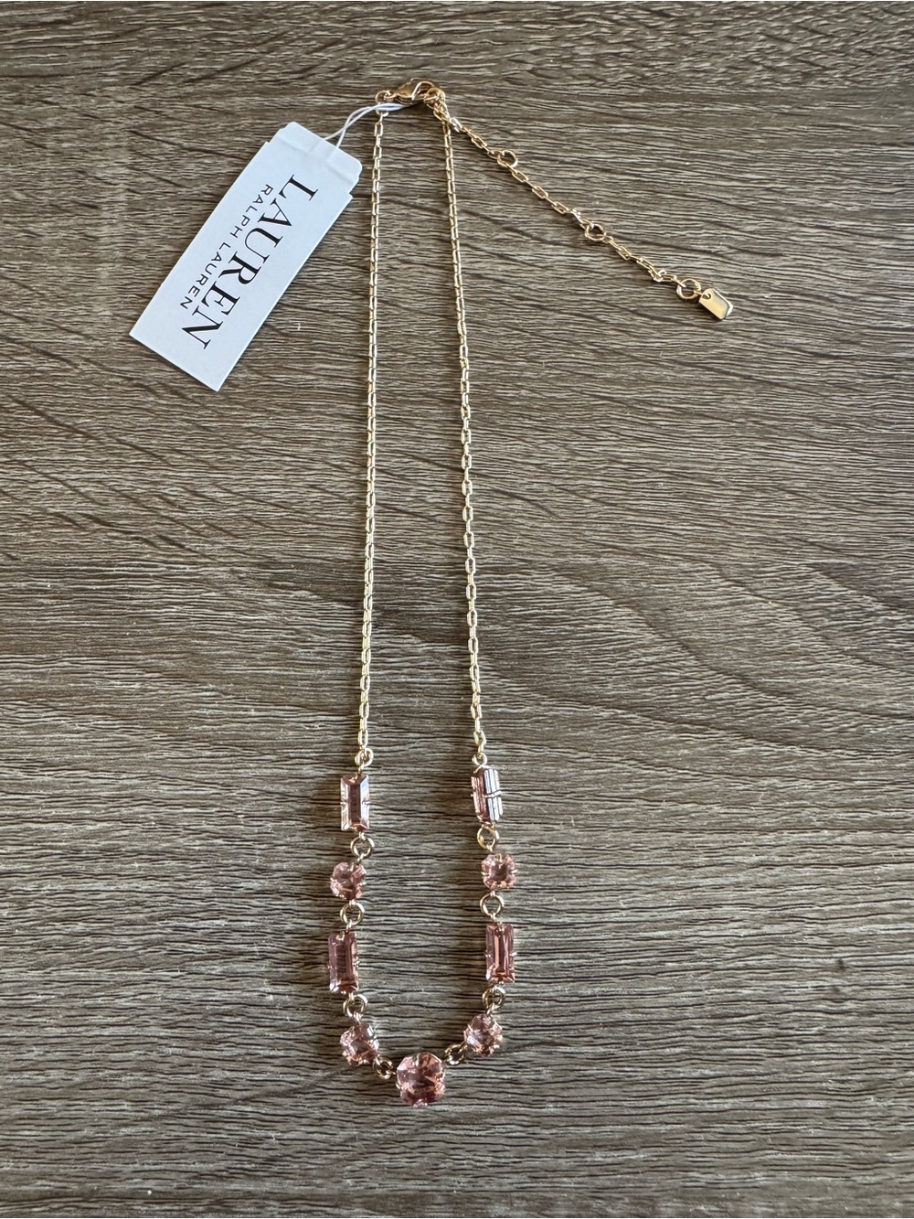 Ralph Lauren Gold Tone Light Pink Baguette Necklace